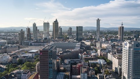 Establishing Aerial View Shot of Frankfurt am Main De, financial capital of Europe, Hesse, Germany, day, track inside