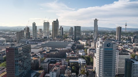 Establishing Aerial View Shot of Frankfurt am Main De, financial capital of Europe, Hesse, Germany, day, along city tracking right