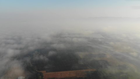 Aerial view morning sunrise with fog over tropical forest nature landscape