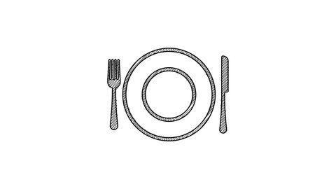 Black line Plate, fork and knife icon isolated on white background. Cutlery symbol. Restaurant sign. 4K Video motion graphic animation.