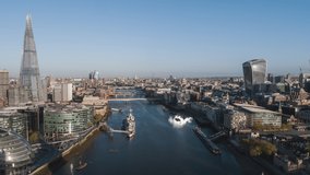 Establishing Aerial View Shot of London UK, United Kingdom, morning, flying back