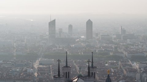 Lyon, France - circa 2021: Establishing Aerial View Shot of Lyon Fr,  Auvergne-Rhone-Alpes, France, hazy morning