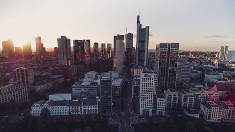Golden Sunset, Establishing Aerial View Shot of Frankfurt am Main De, financial capital of Europe, Hesse, Germany, heart of the city, flares