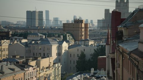 Panorama with a view of the historical part of Moscow. Roofs of old houses on Tverskaya Street in Moscow