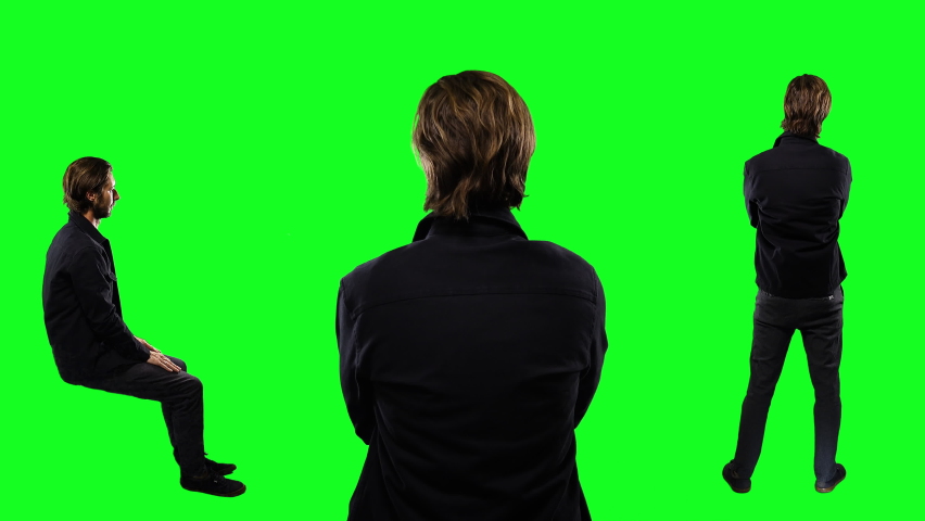 Man On Green Screen Sitting And Standing, Different Shots. Back of a man standing and profile of a man sitting on a green screen background  Royalty-Free Stock Footage #1079889824