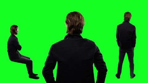 Man On Green Screen Sitting And Standing, Different Shots. Back of a man standing and profile of a man sitting on a green screen background 