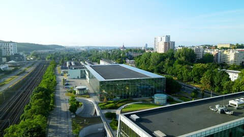 Aerial top view of innovation development hub - Pomeranian Science and Technology Park Gdynia - at sunset on a summer day