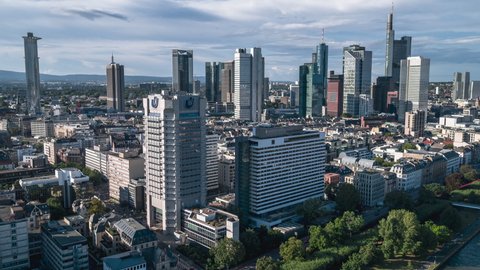 Frankfurt, Germany - circa 2021: Aerial View Shot of Frankfurt am Main De, Intercontinental Hotel, financial capital of Europe, Hesse, Germany, day, 