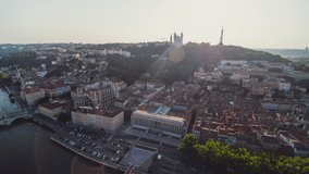 Establishing Aerial View Shot of Lyon Fr,  Auvergne-Rhone-Alpes, France, Basilica of Notre Dame de Fourviere on the hill