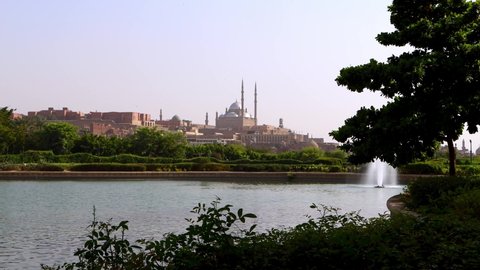 Cairo , Egypt - September 15, 2021 : Panoramic view from Al-Azhar Park towards the Citadel of Saladin and the Muhammad Ali Mosque