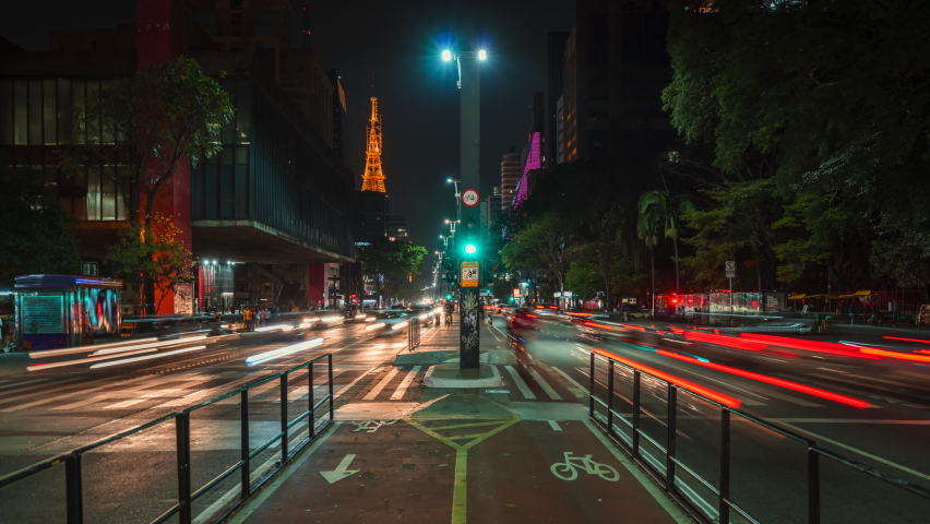 Timelapse view of night traffic on Paulista Avenue (Portuguese: Avenida Paulista) in Sao Paulo, the business and financial centre of Brazil and largest city in South America. 