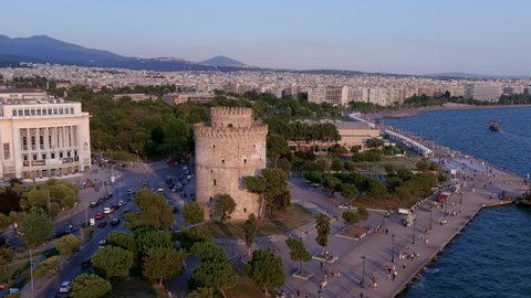 Thessaloniki , Greece - July 11, 2021: Aerial View of Thessaloniki, ancient White Tower, Greece