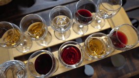 Wine tasting, different tasty wines. Tasting tray with glasses with a variety of wine. Ready tasting room of wine in a wine cellar of a producer - Powered by Shutterstock - Get 15% off with code: PIKWIZARD15