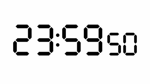Clock counts down from ten seconds from 23-59-50 to 00-00-00, digital electronic segment display, black on white  