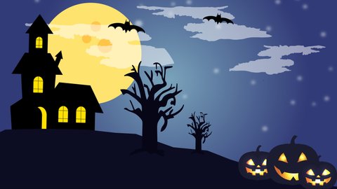 Halloween Background animation. Dark Blue Night Halloween background with Pumpkins, house with burning windows. High quality 4k footage