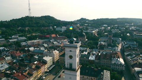 Old European city from a bird's eye view. View of the city of Lviv in Ukraine and the Central part of the city and the Town Hall.