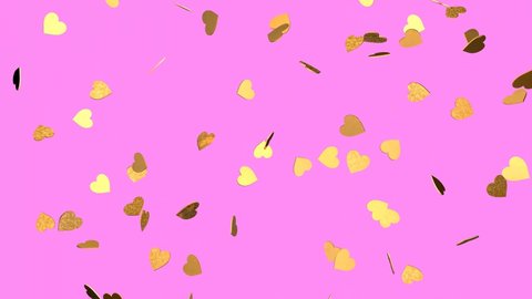 Falling gold hearts on a pink background. 3D rendering of animation. Video effect for valentine's day and weddings.  Rain from hearts.