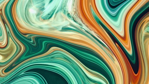 Green and orange fluid flow motion, mixed colours effect, oil painting layers, abstract art marble