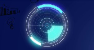 Animation of radar rotating over globe graph on dark blue background. global science, connections and digital interface concept digitally generated video.
