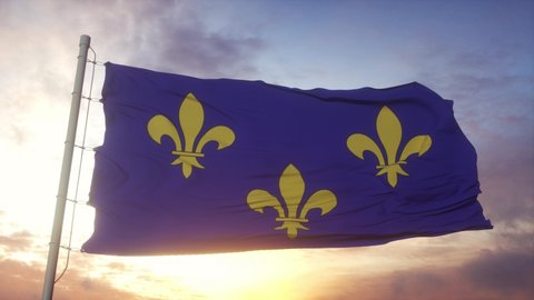 Ile de France flag, France, waving in the wind, sky and sun background