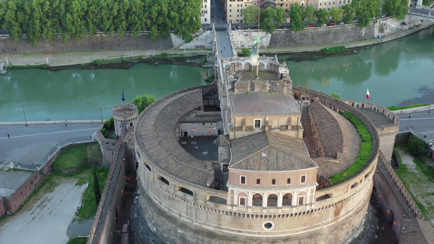 Castel Sant'Angelo and San Pietro in Rome
Panoramic aerial view of the Tiber river, its bridges and St. Peter's, Vatican City. Center city of Roma, Italy. San Pietro, Roma Royalty-Free Stock Footage #1079928755