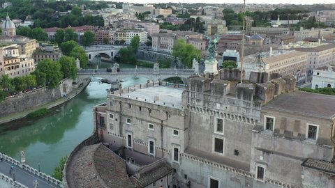 Castel Sant'Angelo and San Pietro in Rome
Panoramic aerial view of the Tiber river, its bridges and St. Peter's, Vatican City. Center city of Roma, Italy.