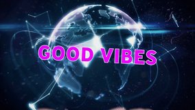Animation of good vibes in white text with colourful distortion over globe and networks on black. digital interface and social media messaging concept digitally generated video. - Powered by Shutterstock - Get 15% off with code: PIKWIZARD15