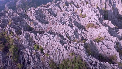 Aerial view of sharp limestone mountains in Noen Maprang District, Phitsanulok Province, Thailand.