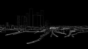 A virtual tour of the 3d city. The style of drawing or sketch. Flying between buildings or driving. 3d rendering video