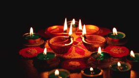 Diwali celebration in Indian also called festival of lights. Lighted oil lamp or Diya. Deepavali Hindu festival of North India, Mumbai Delhi India