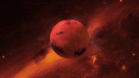 Mars in space with epic red background of universe. Mars slowly rotating in solar system. Red planet in cosmos. Interstellar galaxy. Red desert of Mars. Space education. Dead uninhabited planet - Powered by Shutterstock - Get 15% off with code: PIKWIZARD15