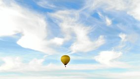 Balloon in the beautiful blue sky. Incredible balloon flight. Video from a drone flying a balloon. Journey by the balloon. Cloudy sky.