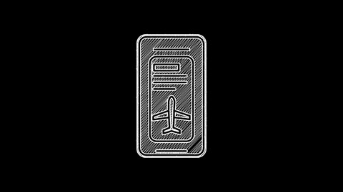 White line Smartphone with electronic boarding pass airline ticket icon isolated on black background. Passenger plane mobile ticket for web and app. 4K Video motion graphic animation.