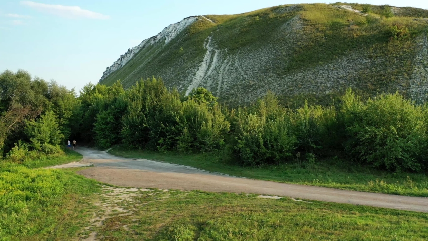 Top view a picturesque view from a drone of the chalk mountains of the Donskoy Belogorie - this is the name of the right bank of the middle Don. Voronezh region, Russia