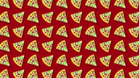 Pizza, pieces of pizza on a red background. Looped flat animation.