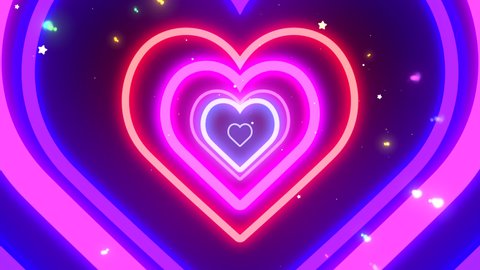 Looped neon hearts with stars and colorful light streaks effect motion graphics.