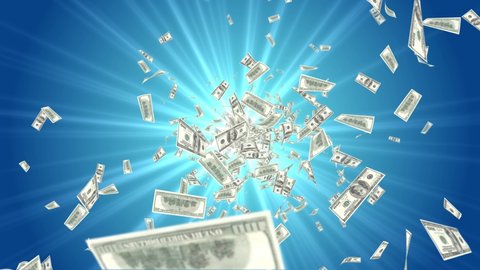 100 Dollar bills flying up in looped animation. 4K Alpha mask. Stack of Money hundred dollar banknotes One hundred dollar money packs falling in a stack Blue background, Green screen animation.