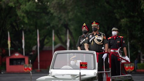 Dehradun, Uttarakhand India August 15, 2021. Indian army officer passing out parade after 18-month tough training at Indian Military Academy IMA 2021. High-quality Apple prores 4k 60p footage. 