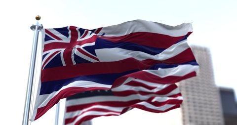 the flag of the US state of Hawaii waving in the wind with the American stars and stripes flag blurred in the background. On August 21, 1959, Hawaii became the 50th state to join the Union.