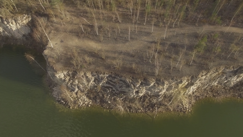 Birches Without Leaves On The Edge Of A Quarry Cliff. Aerial Tracking Shot