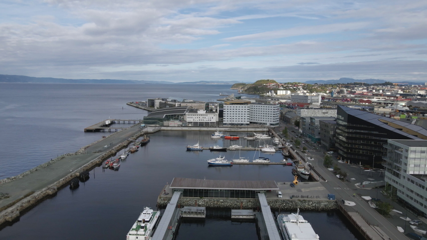 Aerial View Of Harbour In Trondheim, Norway - drone pullback