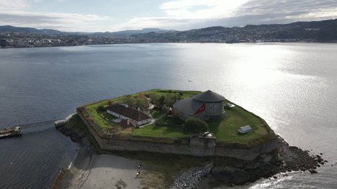 Seascape With An Ancient Monastery Island Munkholmen Near Trondheim Harbour In Norway. Aerial Orbit