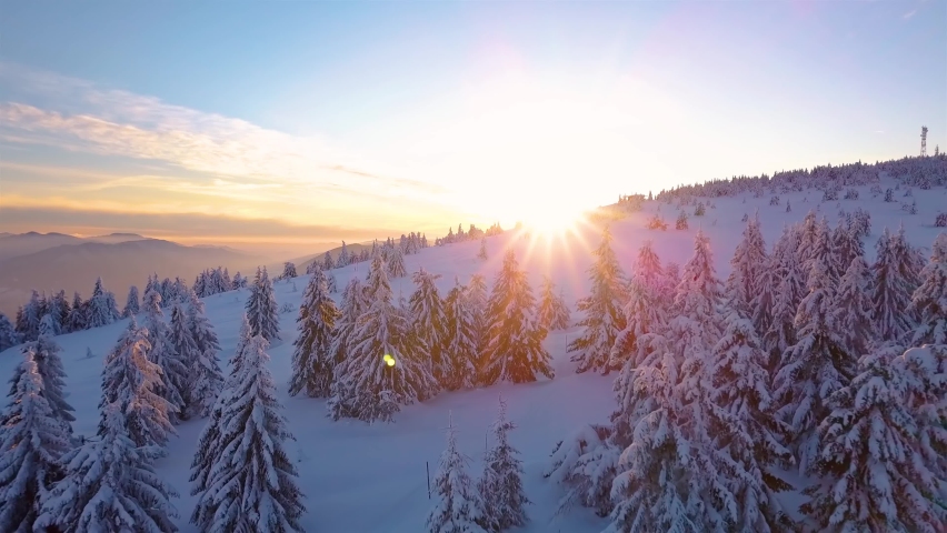 Aerial view of sunrise in winter forest mountains with lot of snow and snowy trees in cold morning nature landscape Royalty-Free Stock Footage #1079982890