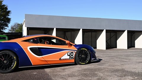 Goodwood, West Sussex, UK, September 30, 2021. McLaren 720s GT4 3.8 litre twin-turbocharged McLaren V8 track car in full race trim.