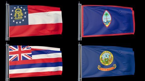 Set of states flags of US in looped animation on a transparent background (alfa chanel). Georgia, Guam, Hawaii, Idaho. Each flag is in Full HD format when purchasing a 2K file.