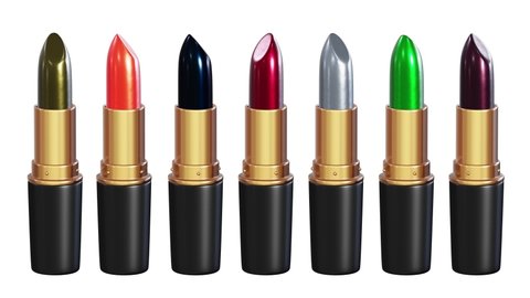Realistic looping 3D animation of the alternative colors for Halloween makeup shiny lipsticks set rendered in UHD with alpha matte