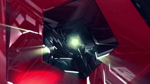 3D pentagon tunnel animation movement through the shining tunnel. Red light passing by. Trippy feeling. Motion graphic material for VJ. Azure red color.