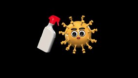 Virus Face with Sanitizer Spray 3D Animated Icon. Isolated on Transparent Background with Alpha Channel. 4K Ultra HD Video Motion Graphic and Loop Animation.