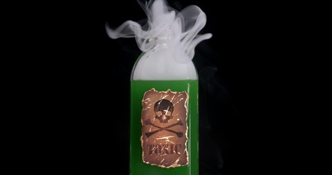 Bottle with skull and crossbones warning label, filled with toxic green liquid bubbling up and smoking. Concept for suicide by poison, murder, or poisonous substances.
