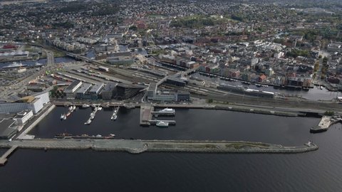 Bird's Eye View Of Trondheim City On Trondheim Fjord In Trondelag, Norway. aerial tilt-up